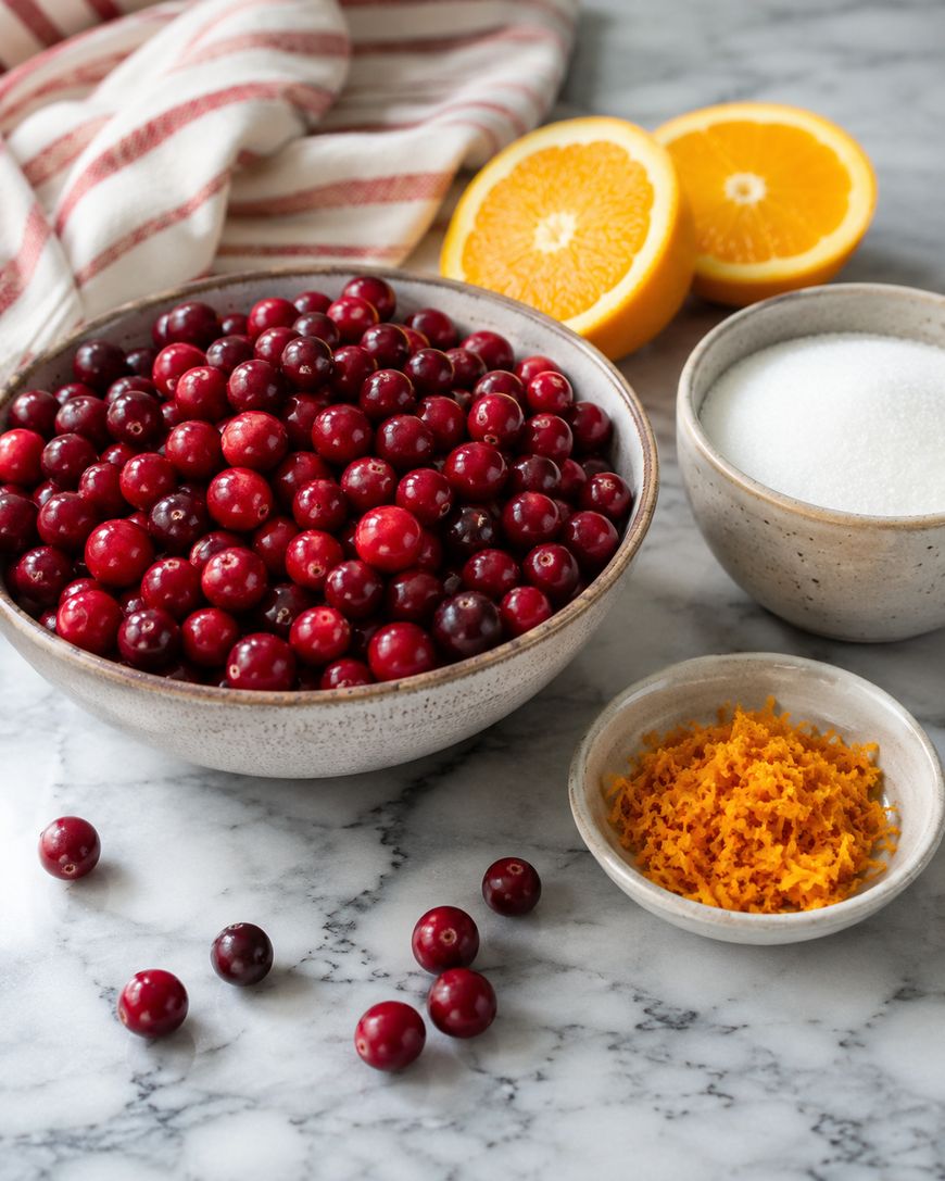 A bowl of fresh cranberries, a bowl of sugar, a small dish of orange zest, and orange halves on a marble countertop with a striped cloth in the background.