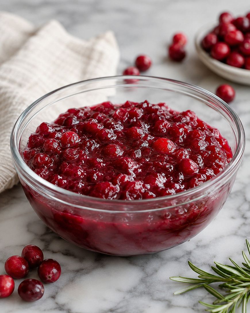 A bowl of cranberry sauce garnished with a sprig of rosemary and orange zest, surrounded by festive decorations on a light cloth.