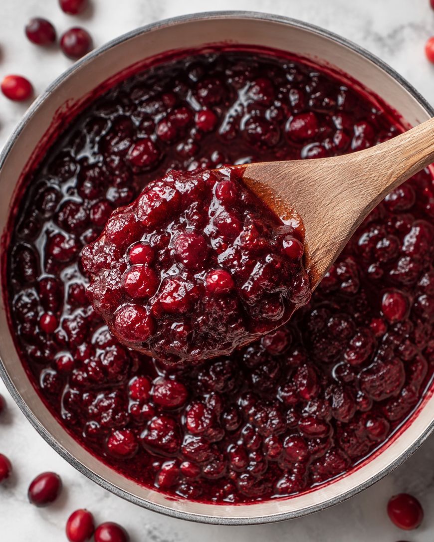A wooden spoon lifts thick cranberry sauce from a saucepan, surrounded by whole cranberries on a white surface.