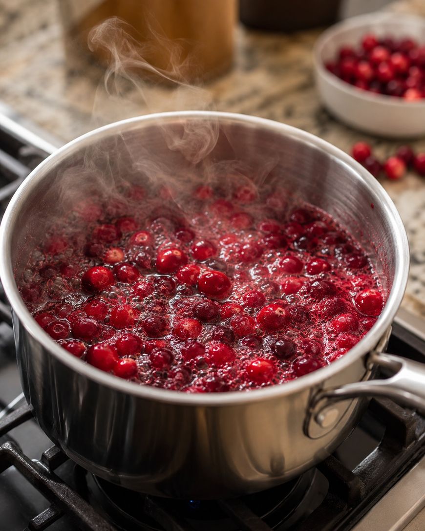A saucepan filled with bubbling cranberry sauce cooking on a stovetop, with steam rising and whole cranberries visible; a bowl of fresh cranberries sits in the background.