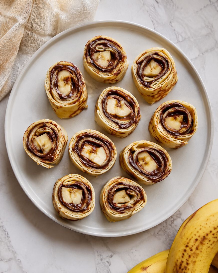 A plate of rolled crepes filled with chocolate spread and banana slices, arranged neatly on a white plate, with a banana and a beige cloth nearby on a marble surface.