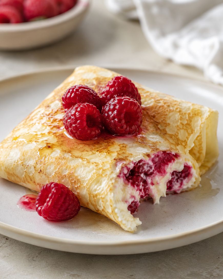 A folded crepe filled with cream and raspberries, topped with fresh raspberries, sits on a white plate with a bite taken out. Another bowl of raspberries is blurred in the background.