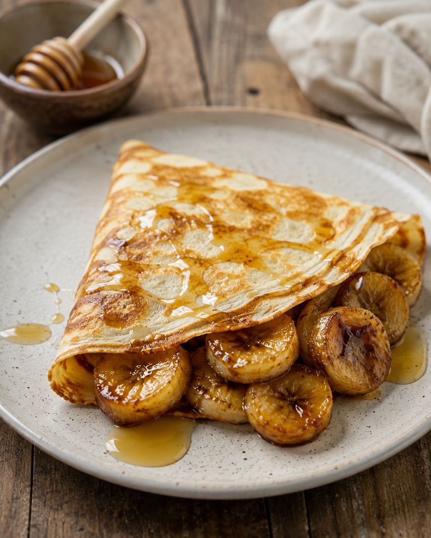 A folded crepe filled with caramelized banana slices, drizzled with honey, sits on a speckled plate with a honey dipper and bowl of honey in the background on a wooden table.