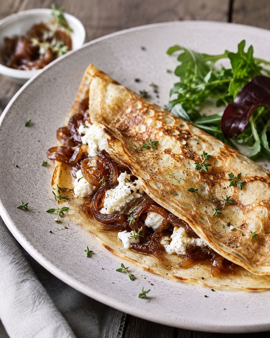 A savory crepe filled with caramelized onions and cheese, garnished with fresh herbs on a plate, served with a side of mixed greens and a small bowl of extra caramelized onions.