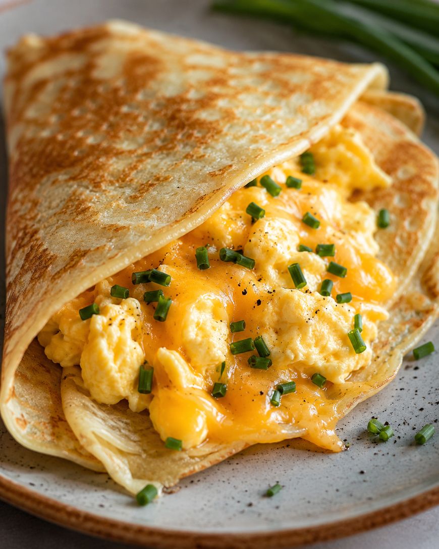 A folded crepe filled with scrambled eggs, melted cheddar cheese, and topped with chopped chives, served on a plate.