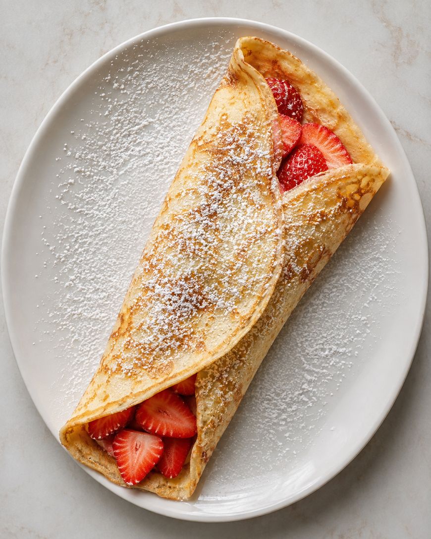 A folded crepe filled with sliced strawberries, dusted with powdered sugar, on a white plate atop a light-colored surface.