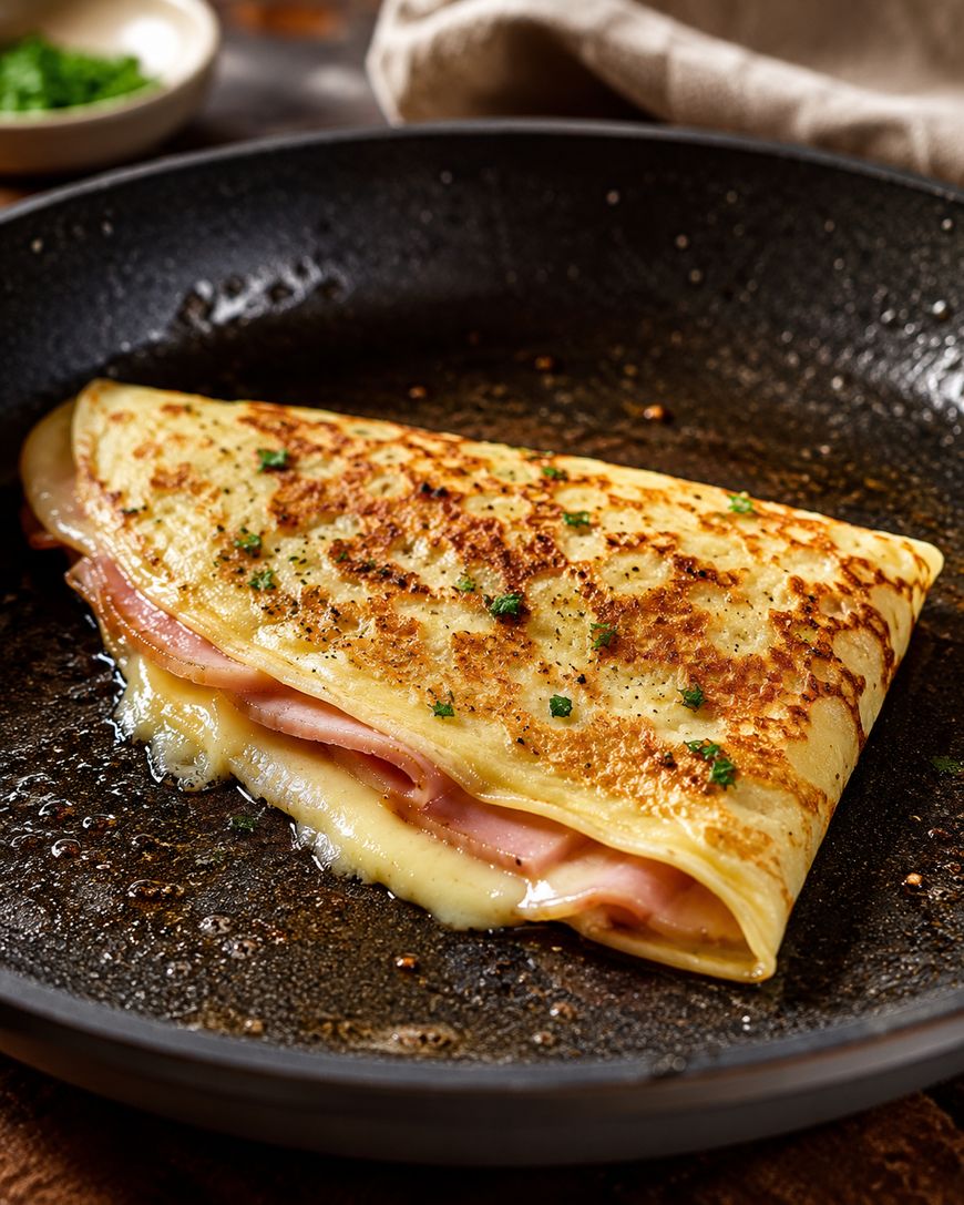 A folded crepe filled with melted cheese and ham cooks in a black frying pan, garnished with chopped herbs.