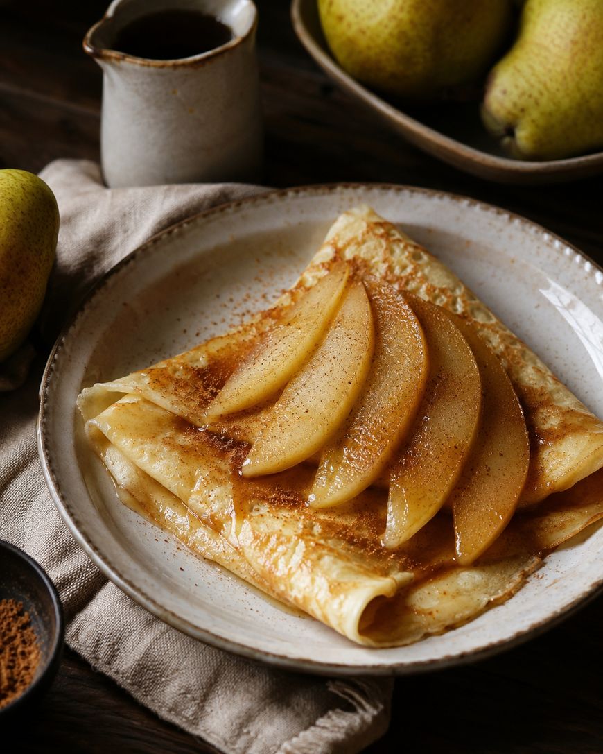 A folded crepe topped with caramelized pear slices and cinnamon, served on a plate with a jug of syrup and whole pears in the background.