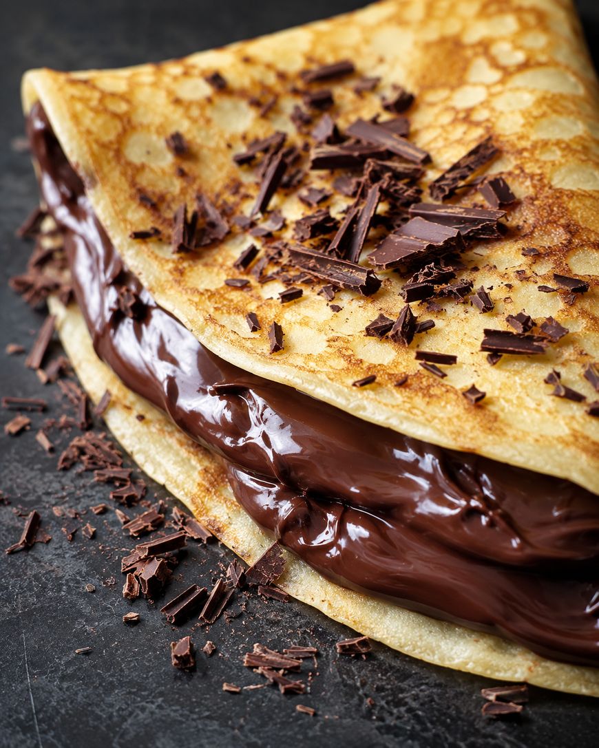 Close-up of a folded crepe filled with creamy chocolate spread and topped with chocolate shavings, on a dark surface.