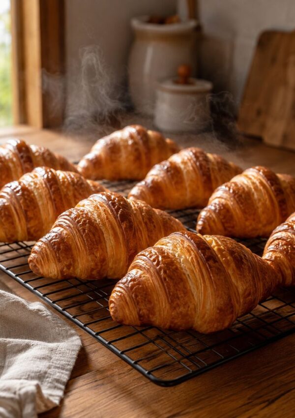 Eight golden-brown croissants cooling on a rack, steam rising, on a wooden kitchen counter with a white cloth and jars in the background.