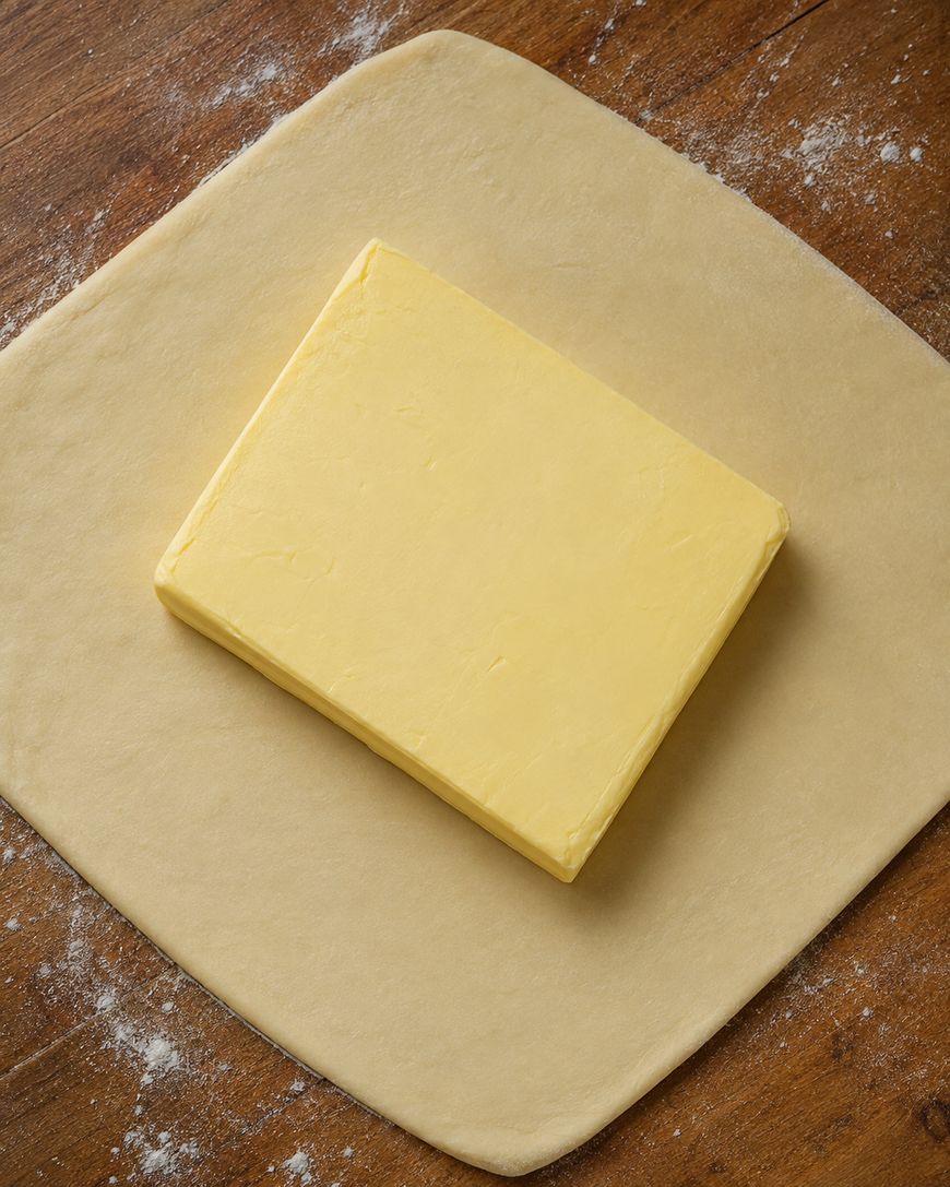 A rectangular slab of butter sits on a square sheet of rolled dough on a floured wooden surface, ready for lamination in pastry making.