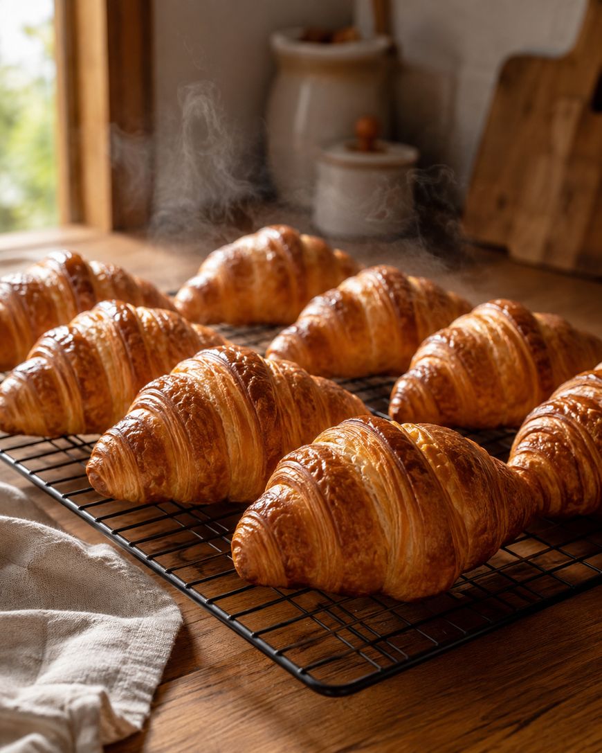 Freshly baked croissants cooling on a wire rack in a cozy kitchen, with steam rising and warm light coming through a window.
