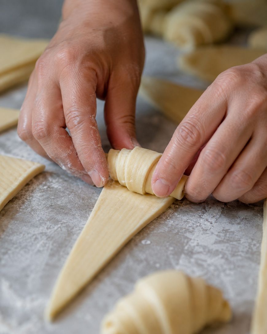 Hands rolling a triangle of dough into a croissant shape on a floured surface, with other unbaked croissants visible nearby.