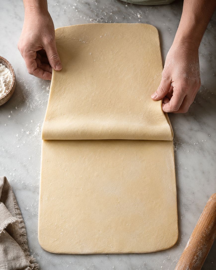 Hands folding a large sheet of dough on a floured marble surface, with a bowl of flour, rolling pin, and cloth nearby.
