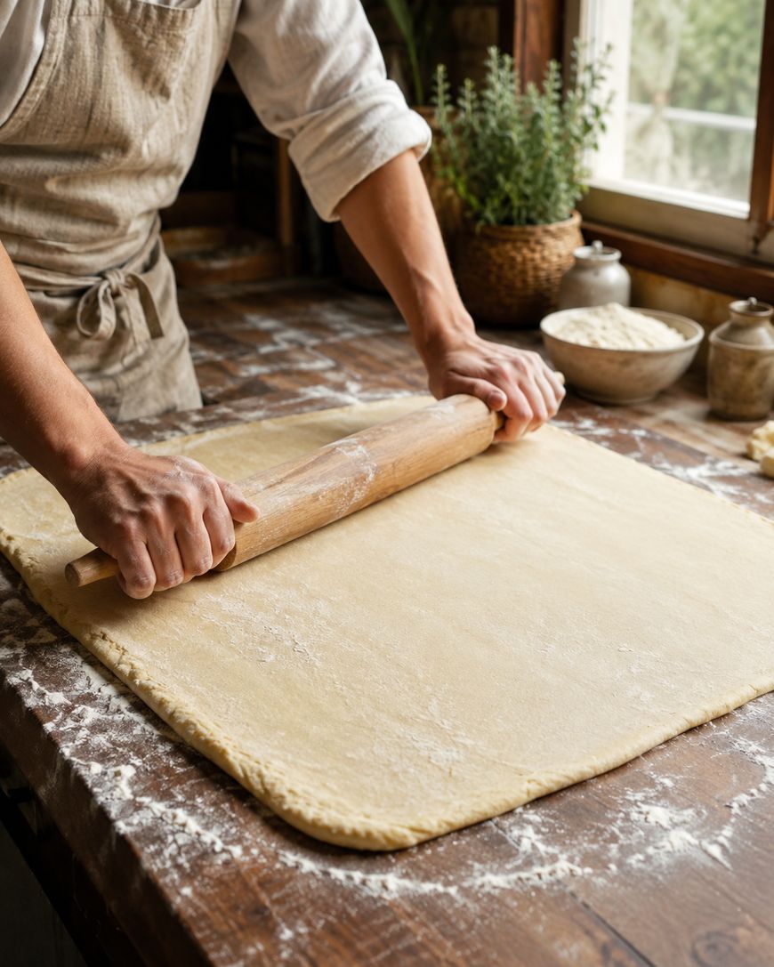 A person rolls out dough with a rolling pin on a floured wooden surface, with bowls of ingredients and herbs in the background near a window.