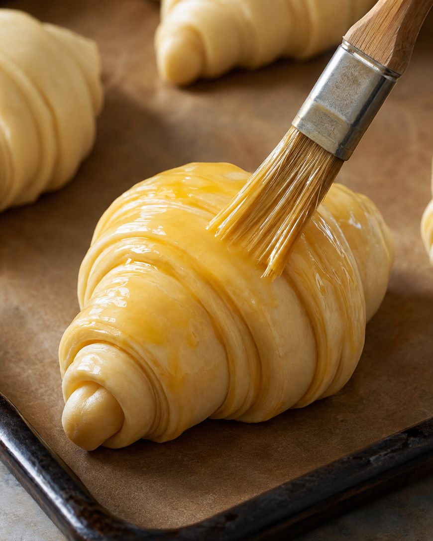 A close-up of an unbaked croissant being brushed with egg wash on a baking sheet, highlighting its flaky layers.