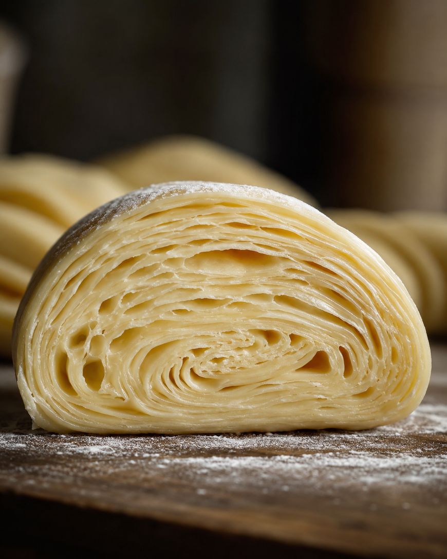 A close-up of a cut piece of raw puff pastry dough, showing its many thin, flaky layers, resting on a floured wooden surface.