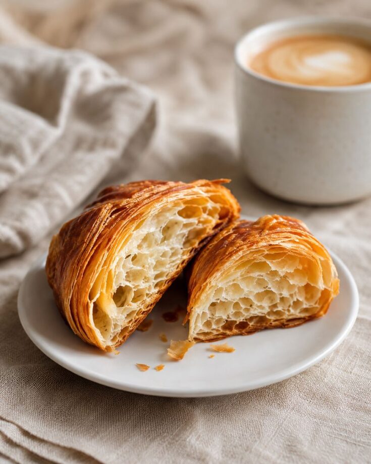 A flaky croissant cut in half sits on a white plate, with a cup of coffee in the background. The scene is set on a neutral-colored cloth.