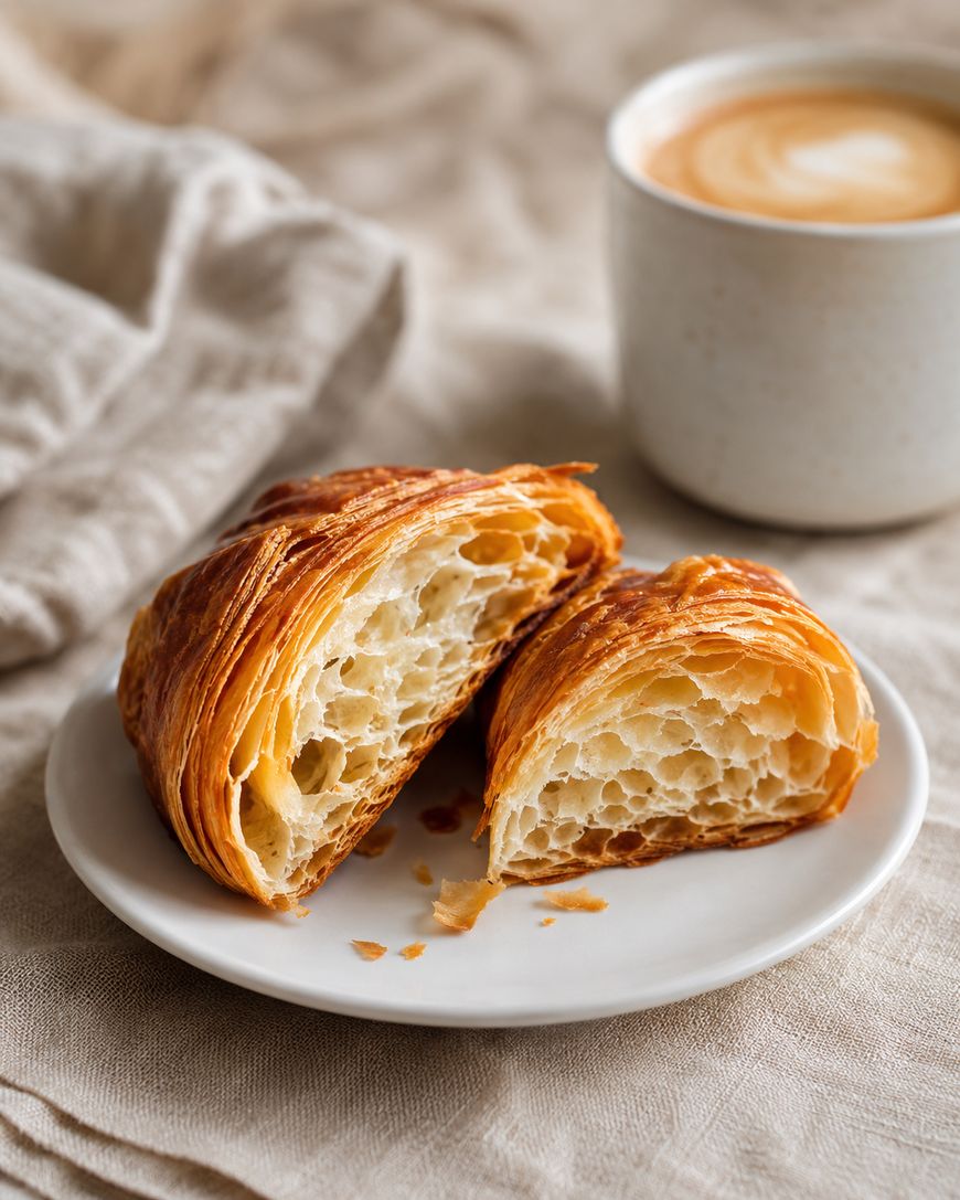 A flaky croissant cut in half sits on a white plate, with a cup of coffee in the background.