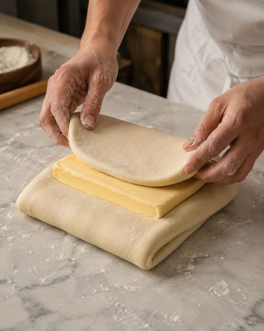Hands fold a sheet of dough over a block of butter on a floured countertop, preparing pastry dough for laminating.