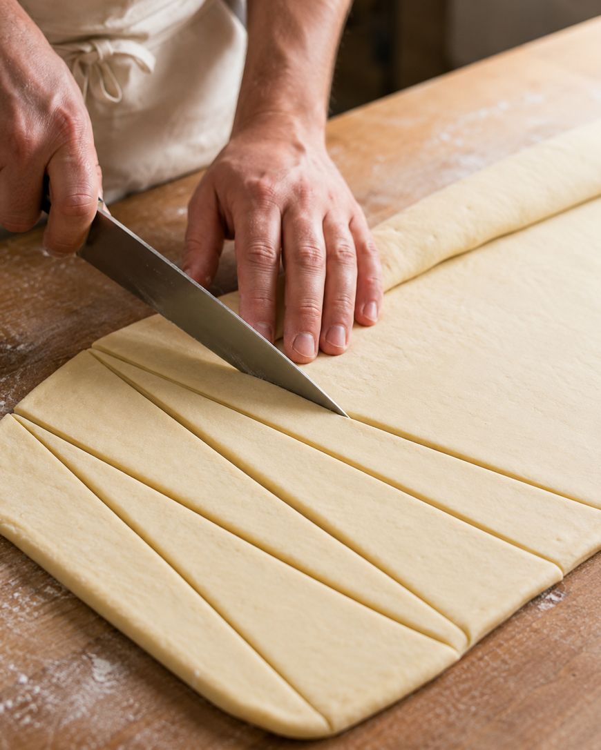 A person uses a large knife to cut a sheet of dough into long, angled triangles on a wooden surface dusted with flour.