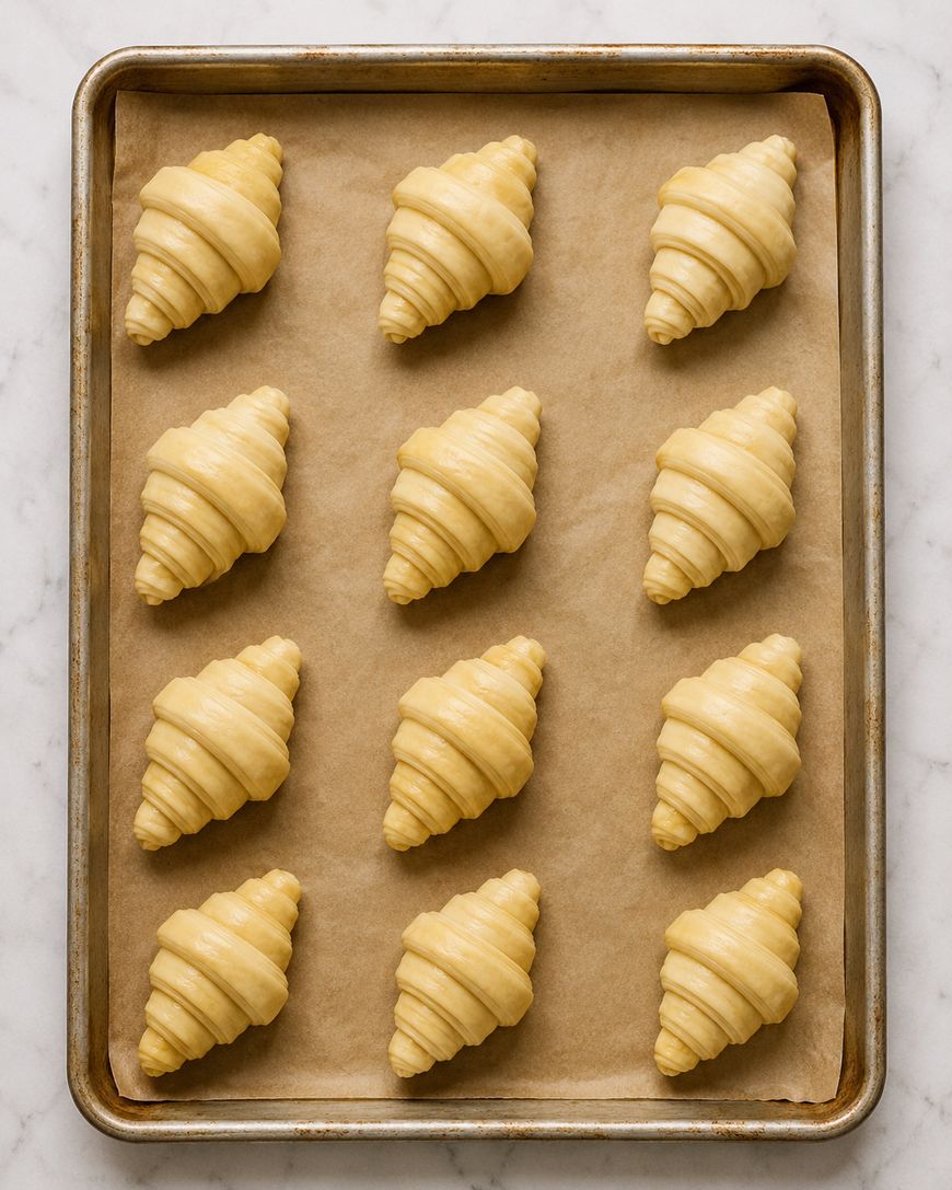 Twelve unbaked croissants are evenly spaced on a parchment-lined baking sheet, ready for baking.