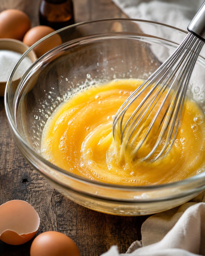 A metal whisk mixing beaten eggs in a glass bowl on a wooden surface, with eggs, eggshells, sugar, and a bottle nearby.