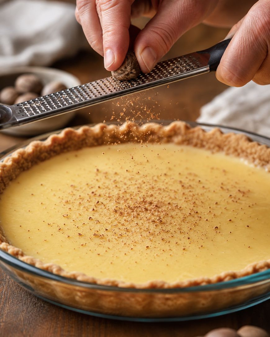 A hand grates nutmeg over a freshly baked custard pie in a glass pie dish, with a flaky crust and creamy filling. Loose nutmeg and a grater are visible in the background.