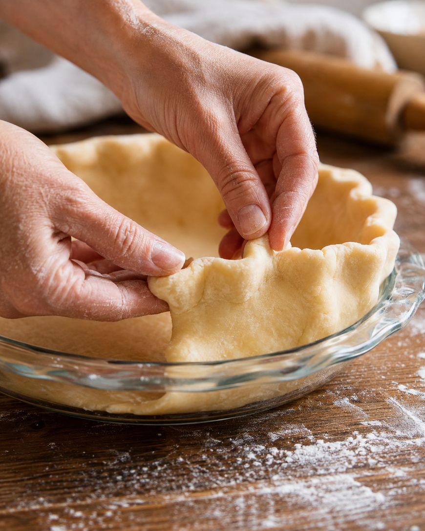 Hands crimping the edge of raw pie dough in a glass pie dish on a floured wooden table, with a rolling pin and cloth in the background.