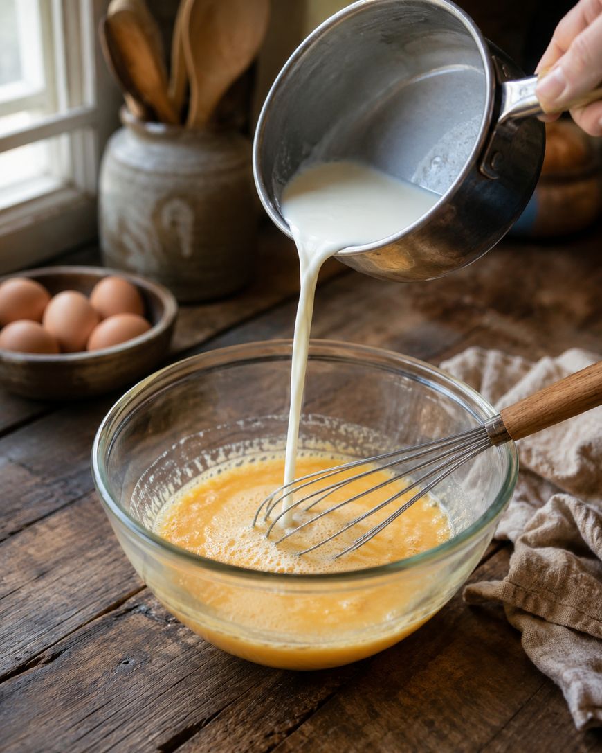 Milk is being poured from a small pot into a glass bowl with beaten eggs and a whisk, on a rustic wooden table with eggs and utensils in the background.