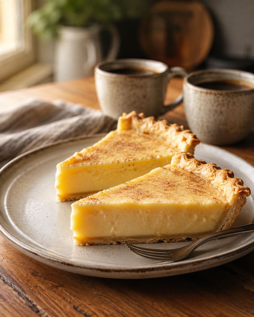Two slices of custard pie on a beige plate with a fork, two cups of coffee in the background, and soft natural light coming from a nearby window.
