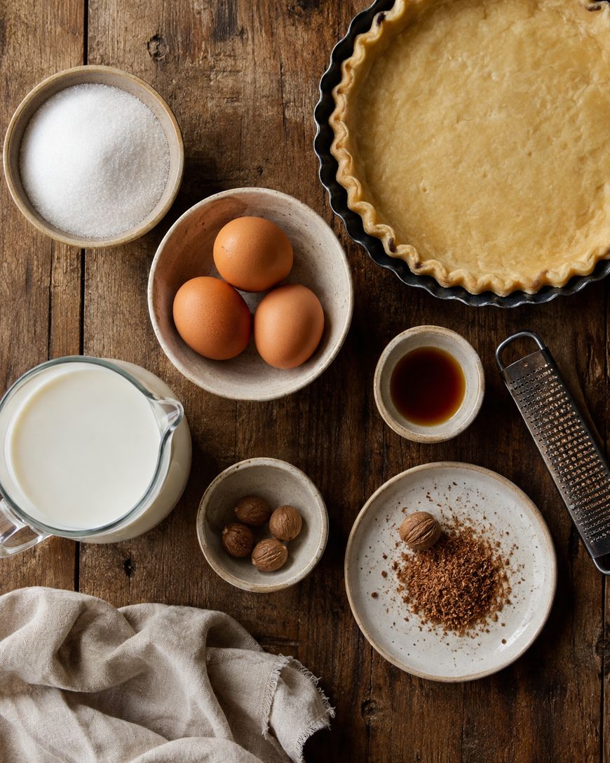 Overhead view of a pie crust in a pan, three eggs, a bowl of sugar, a jug of milk, vanilla extract, whole and grated nutmeg, and a grater on a wooden table.