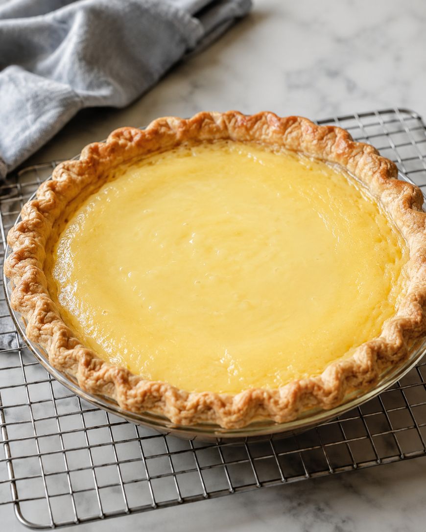 A baked custard pie with a golden brown, crimped crust cools on a metal rack. A gray cloth rests in the background on a marble surface.