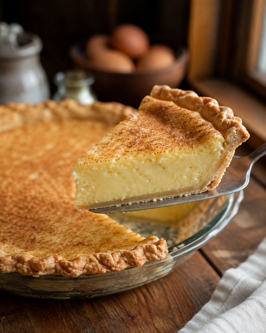 A slice of creamy custard pie with a golden, flaky crust is lifted from a glass pie dish, with eggs and kitchen items blurred in the background.