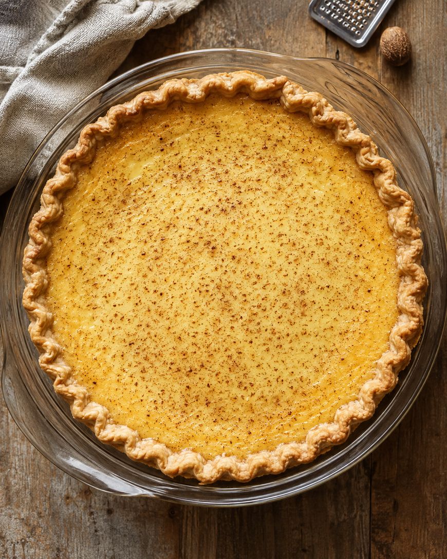 A baked custard pie with a golden, crimped crust, topped with a sprinkle of nutmeg, sits in a glass pie dish on a wooden surface next to a grater and a beige cloth.