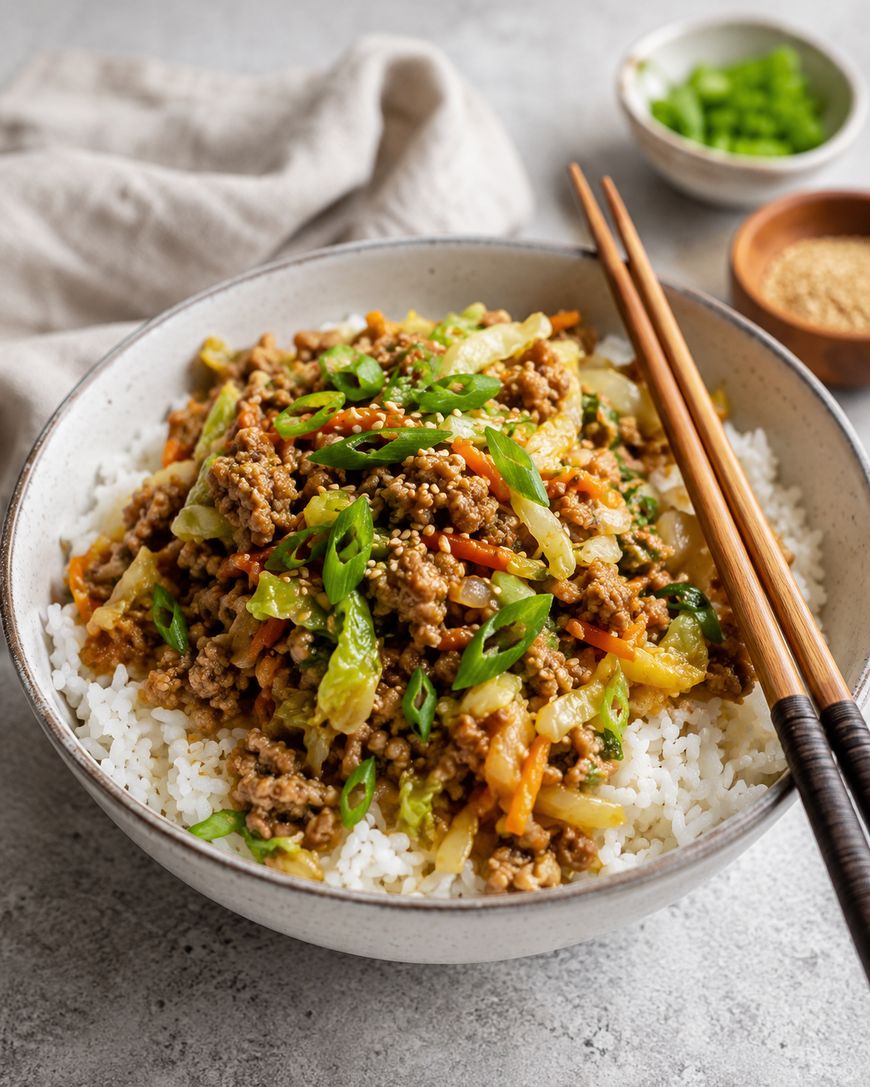 A bowl of white rice topped with ground meat, shredded vegetables, and sliced green onions, with chopsticks resting on the bowl. A small bowl of green onions and a bowl of sesame seeds are in the background.