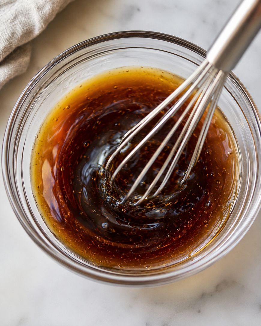 A metal whisk stirs a dark brown liquid, possibly a sauce or dressing, in a clear glass bowl on a marble surface. A beige cloth is partially visible in the top left corner.