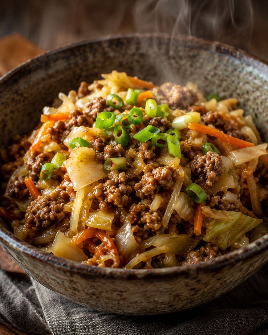 A bowl of cooked ground meat mixed with cabbage, carrots, and sliced green onions, with steam rising, suggesting the dish is hot and freshly prepared.