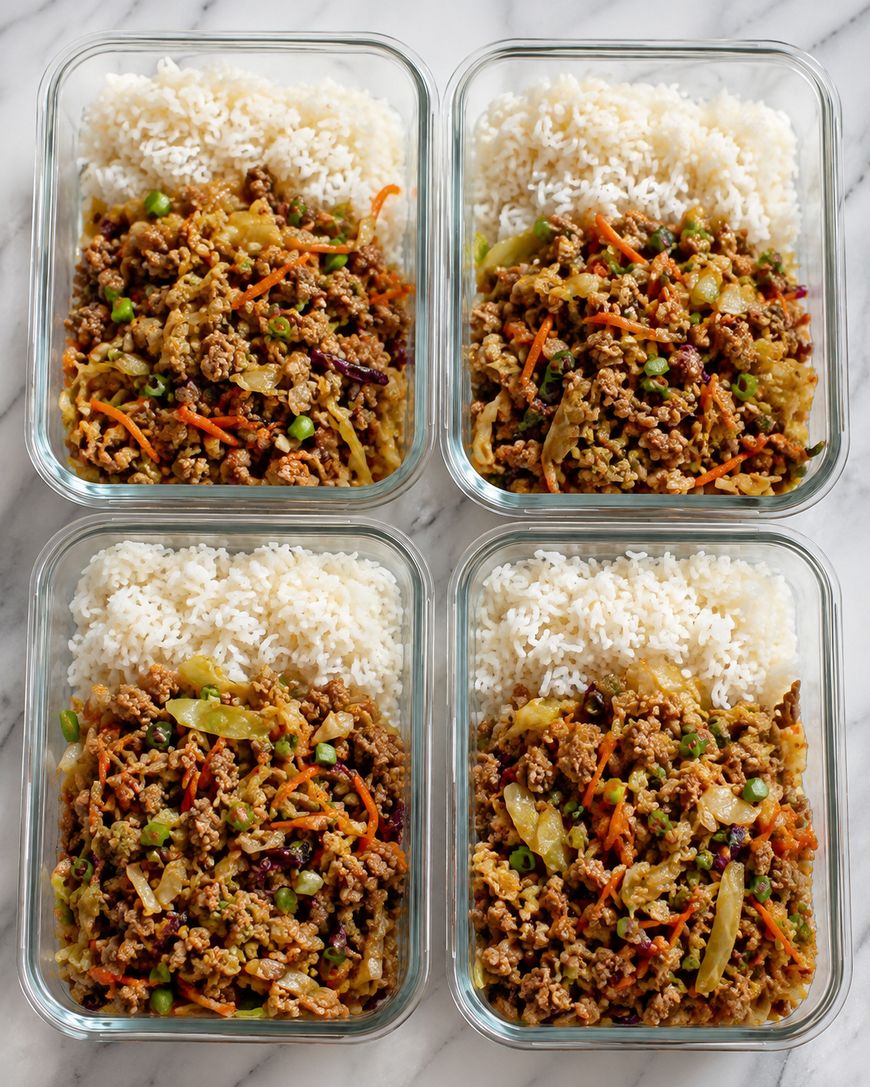 Four glass meal prep containers filled with white rice and a ground meat stir-fry with chopped vegetables, placed on a marble surface.