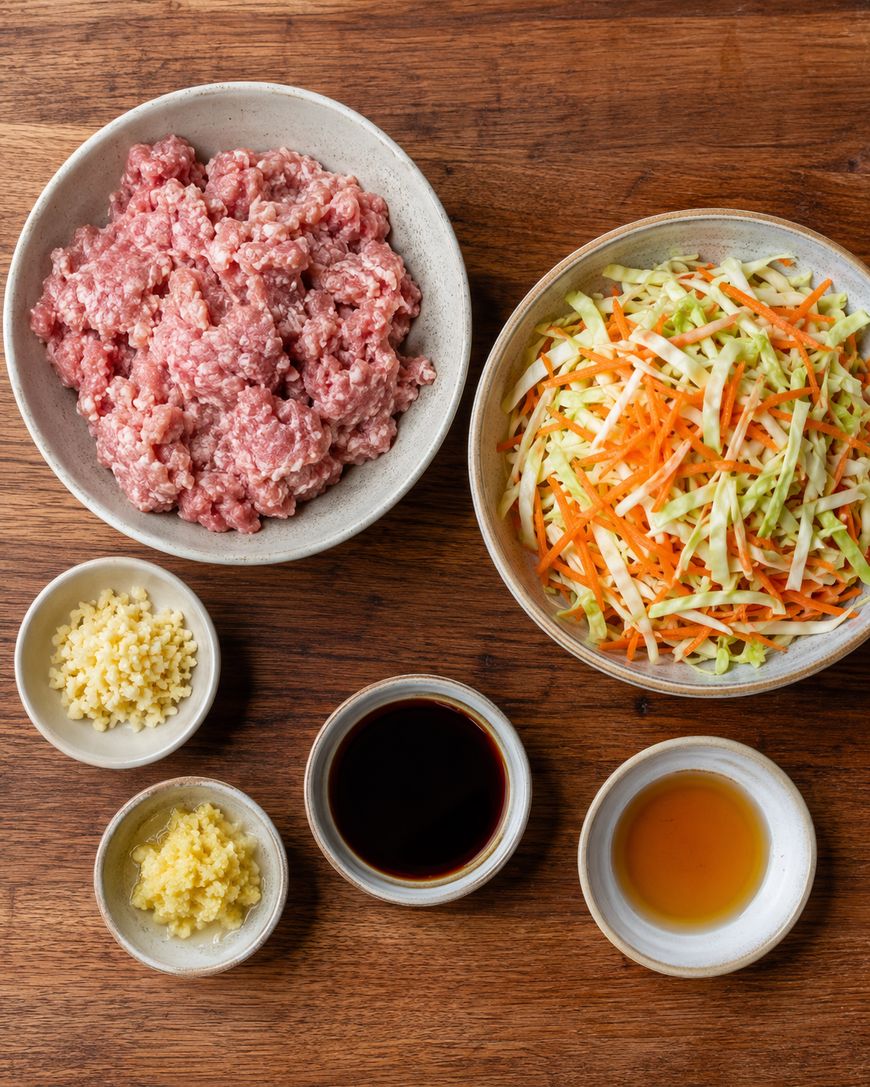 Bowls on a wooden table hold ground pork, shredded cabbage and carrots, minced garlic, grated ginger, soy sauce, and another light brown liquid, possibly oil or vinegar.