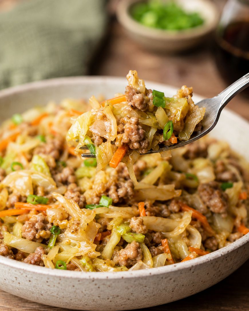 A fork lifts a bite of a stir-fry with ground meat, cabbage, carrots, and green onions from a bowl filled with the same dish. A bowl of chopped green onions is blurred in the background.