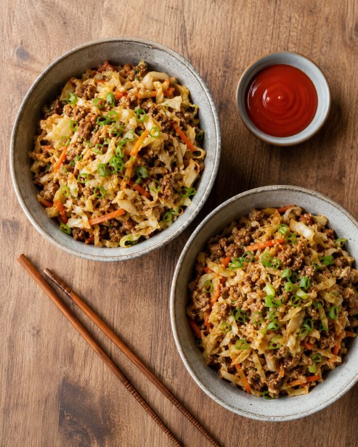 Two bowls of stir-fried ground meat with cabbage and carrots, topped with chopped green onions. A small dish of red sauce and a pair of wooden chopsticks are beside the bowls on a wooden table.