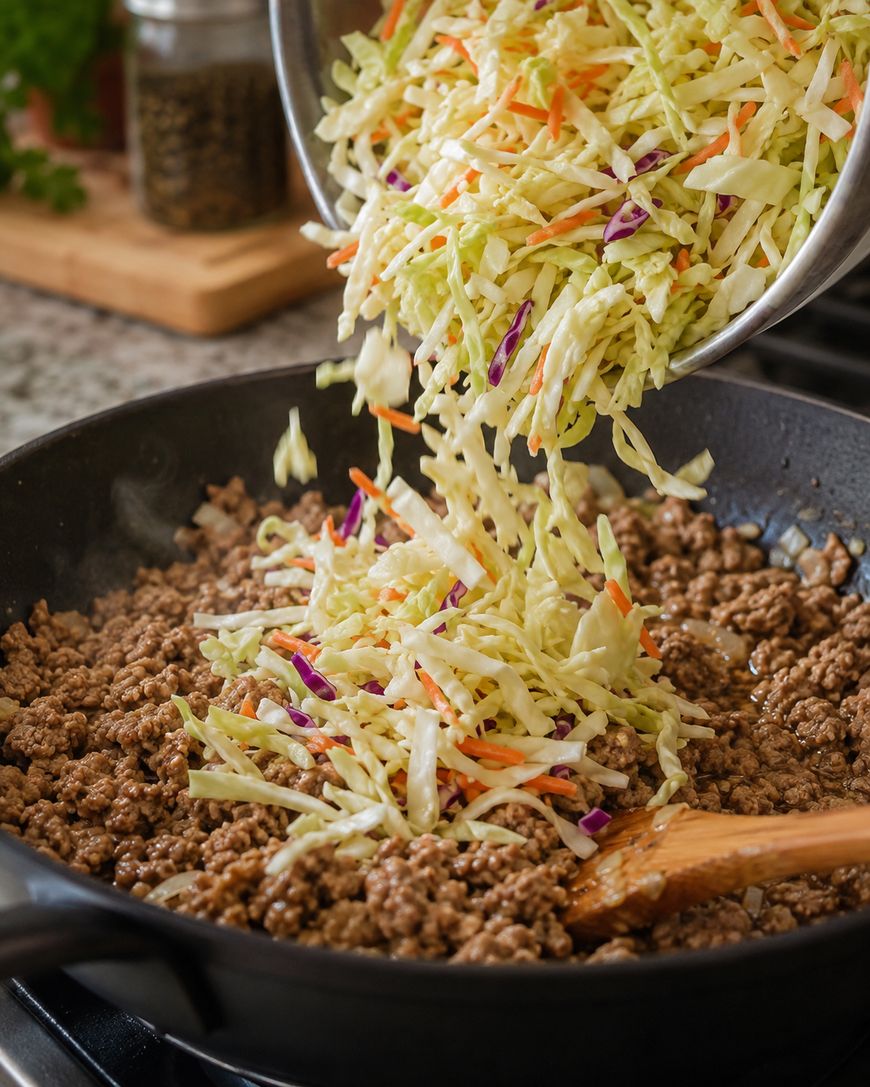 Shredded cabbage and carrots are being poured from a bowl into a pan with cooked ground beef, as a wooden spatula rests in the pan on a stovetop.