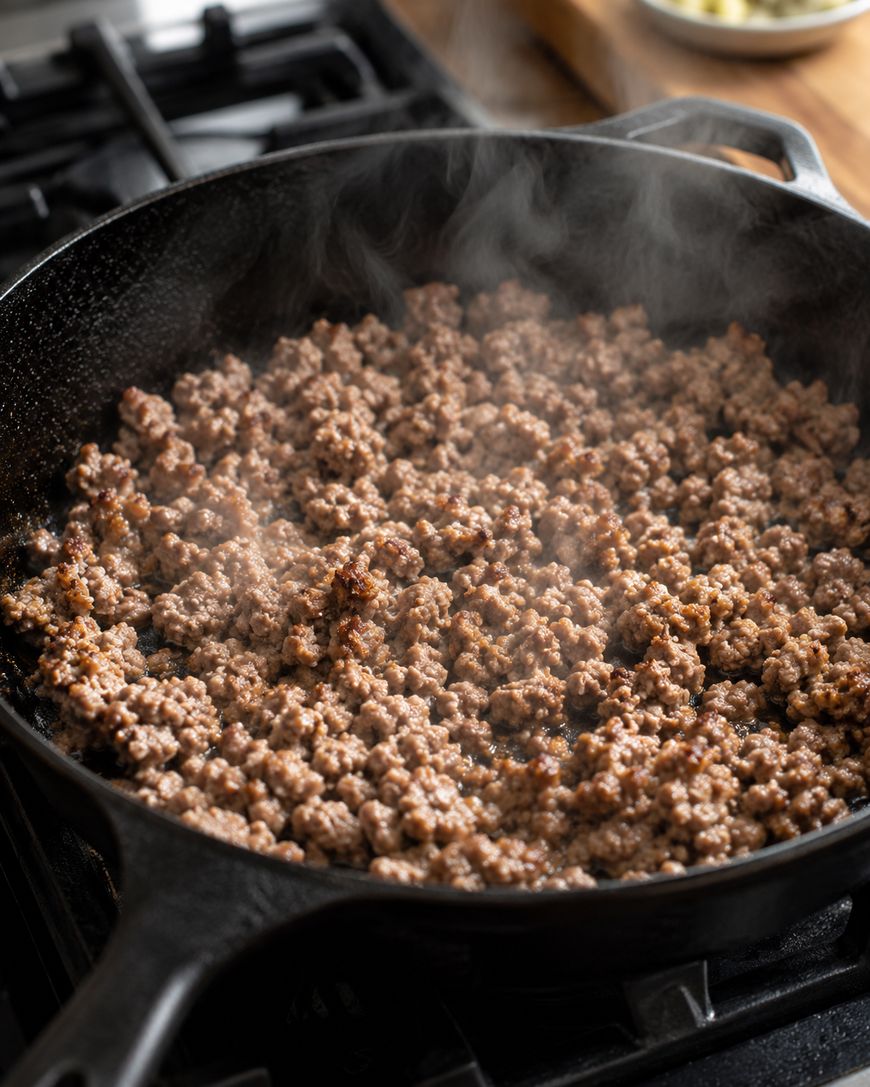 Cooked ground beef sizzling in a black cast iron skillet on a stovetop, with steam rising from the meat. A blurred background shows part of a wooden cutting board.