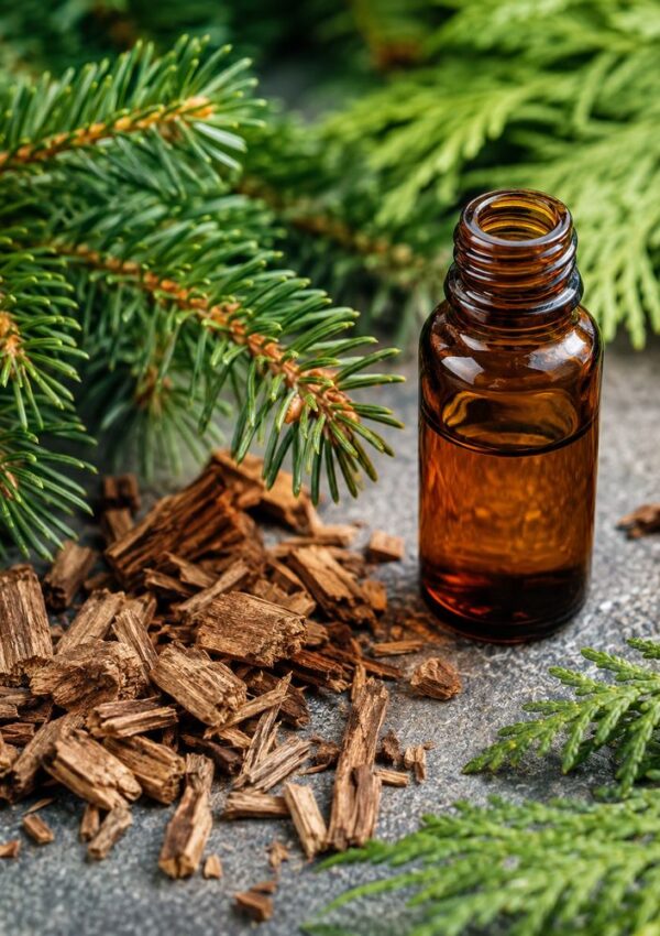 An amber glass bottle sits beside cedar wood chips and pine branches on a gray surface, suggesting a natural essential oil or extract.