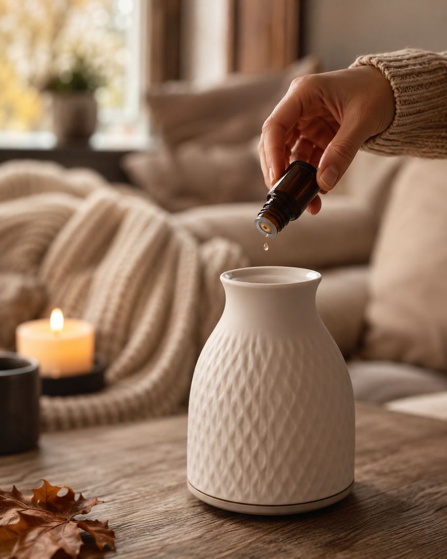 A hand pours essential oil into a white ceramic diffuser on a wooden table. A lit candle, blanket, and autumn leaves create a cozy atmosphere in the background.