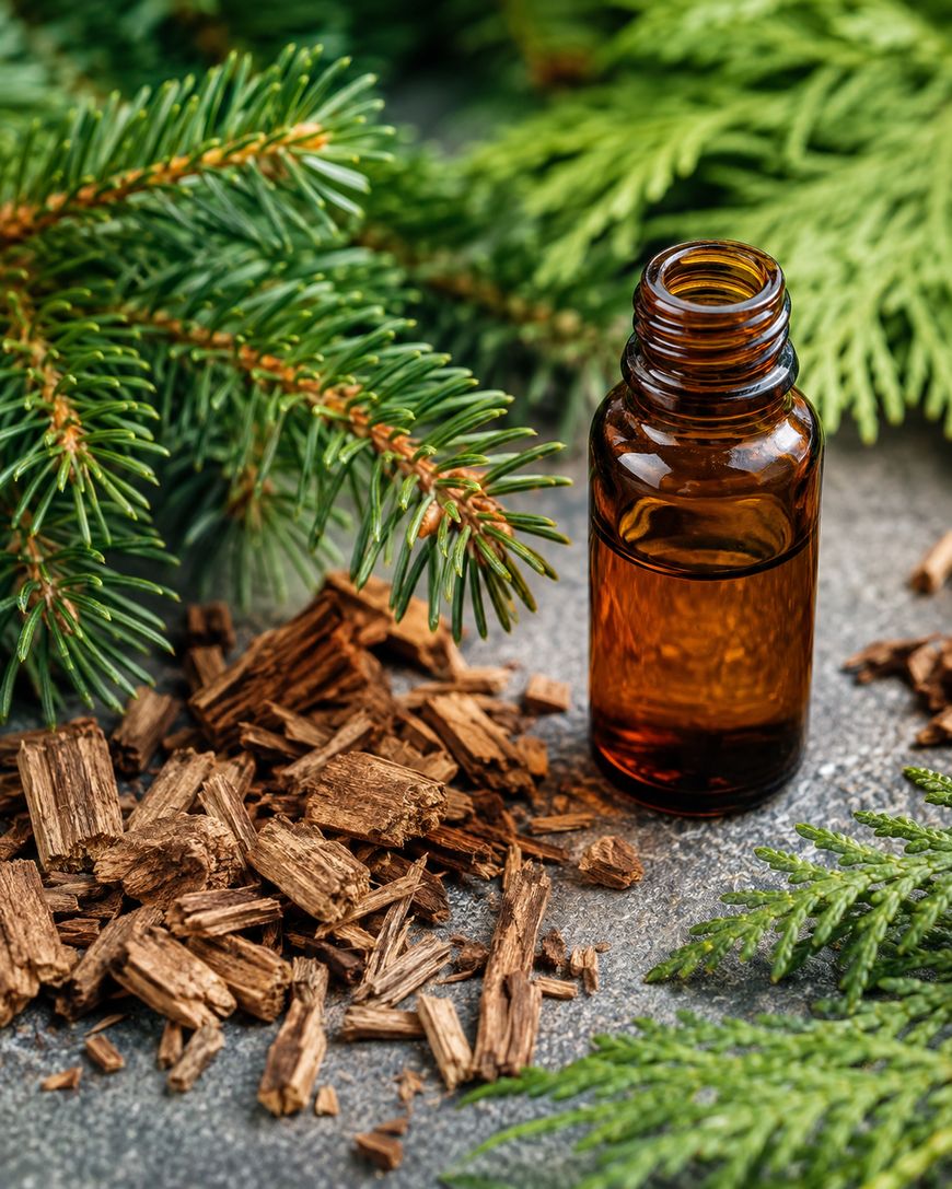 An amber glass bottle, wood chips, and green pine branches are arranged on a gray surface, suggesting natural essential oils or aromatherapy.