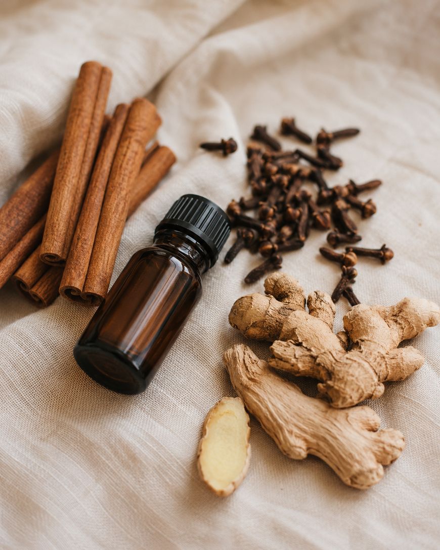 A small brown glass bottle lies on fabric beside cinnamon sticks, dried cloves, and fresh ginger root.