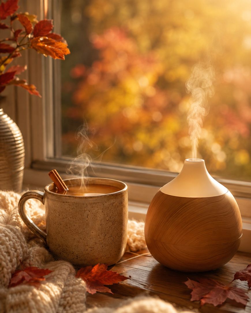 A steaming mug with a cinnamon stick beside a wooden essential oil diffuser on a cozy knit blanket, autumn leaves, and a sunlit window with fall foliage in the background.