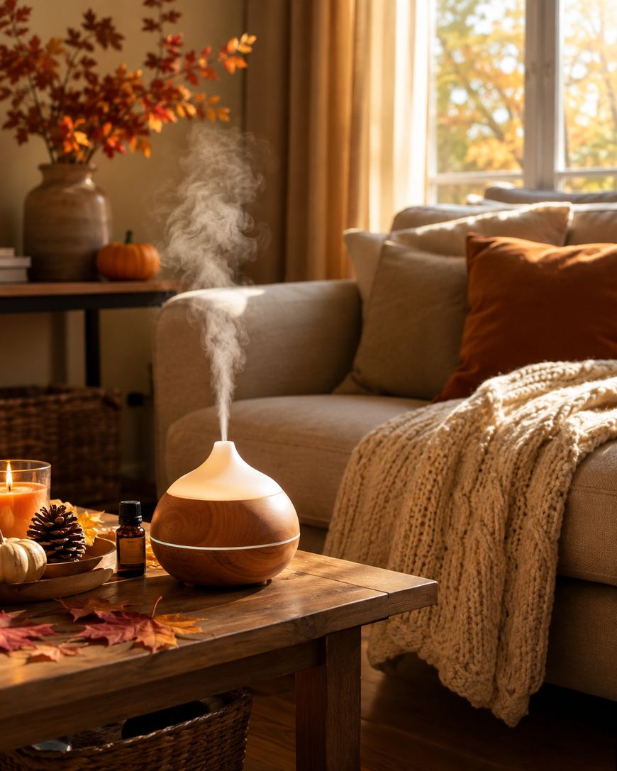 A wooden essential oil diffuser emits mist on a cozy living room table decorated with autumn leaves, candles, and a small pumpkin, with a beige sofa and fall foliage visible outside the window.